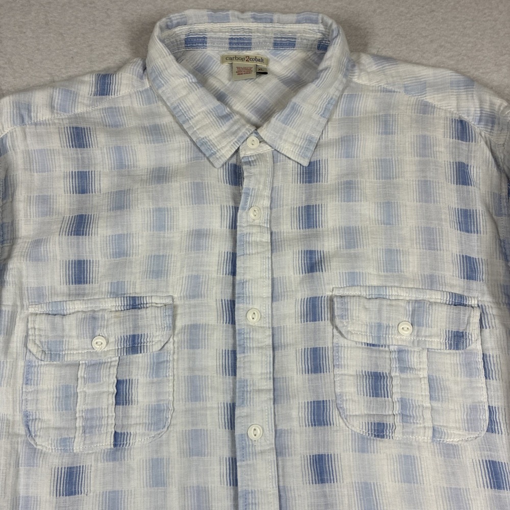 Carbon 2 Cobalt XL Weave Plaid Print 100% Cotton Button Up Blue White Soft Cozy